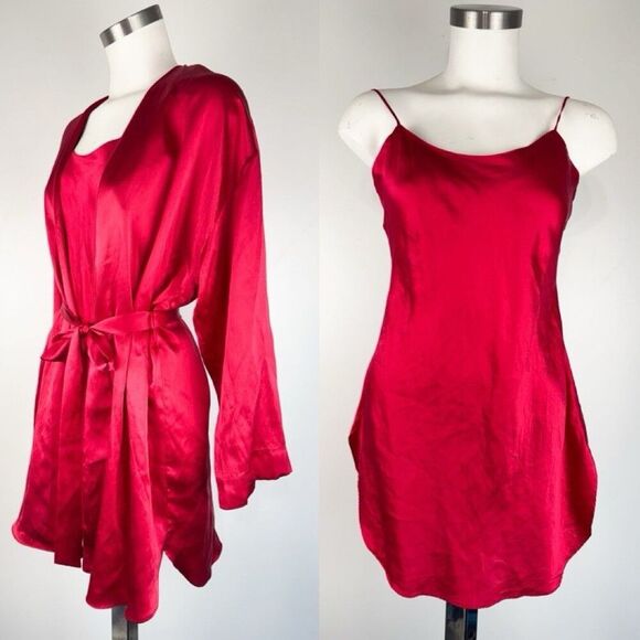VTG 90s Victoria’s Secret Gold Label Robe Dress Sz PS Red Silk Belted Coquette - Picture 1 of 8